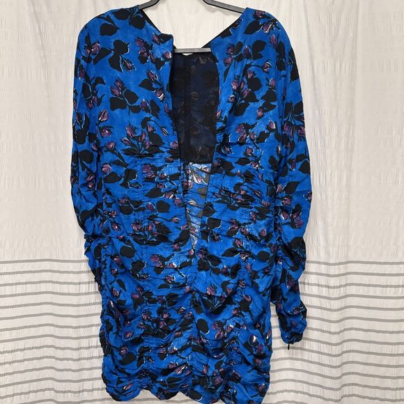 ZARA Mini Dress Womens Large Blue Floral Print Bodycone Long Sleeve NWT - Picture 7 of 10